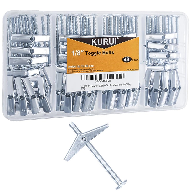 KURUI 1/8 Toggle Bolts for Drywall, 48 Pcs Heavy Duty Metal Drywall Anchors Kit, Dry Wall Anchors and Screws Kit, Butterfly Anchors for Ceiling, Sheetrock, Hollow Wall - Image 1